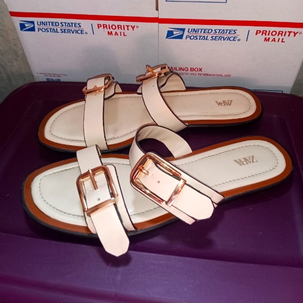 Zara Women's Cream Sandals with Gold Buckles